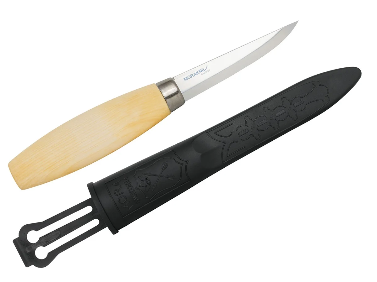 mes met houtenhandvat en zwart plastic schede